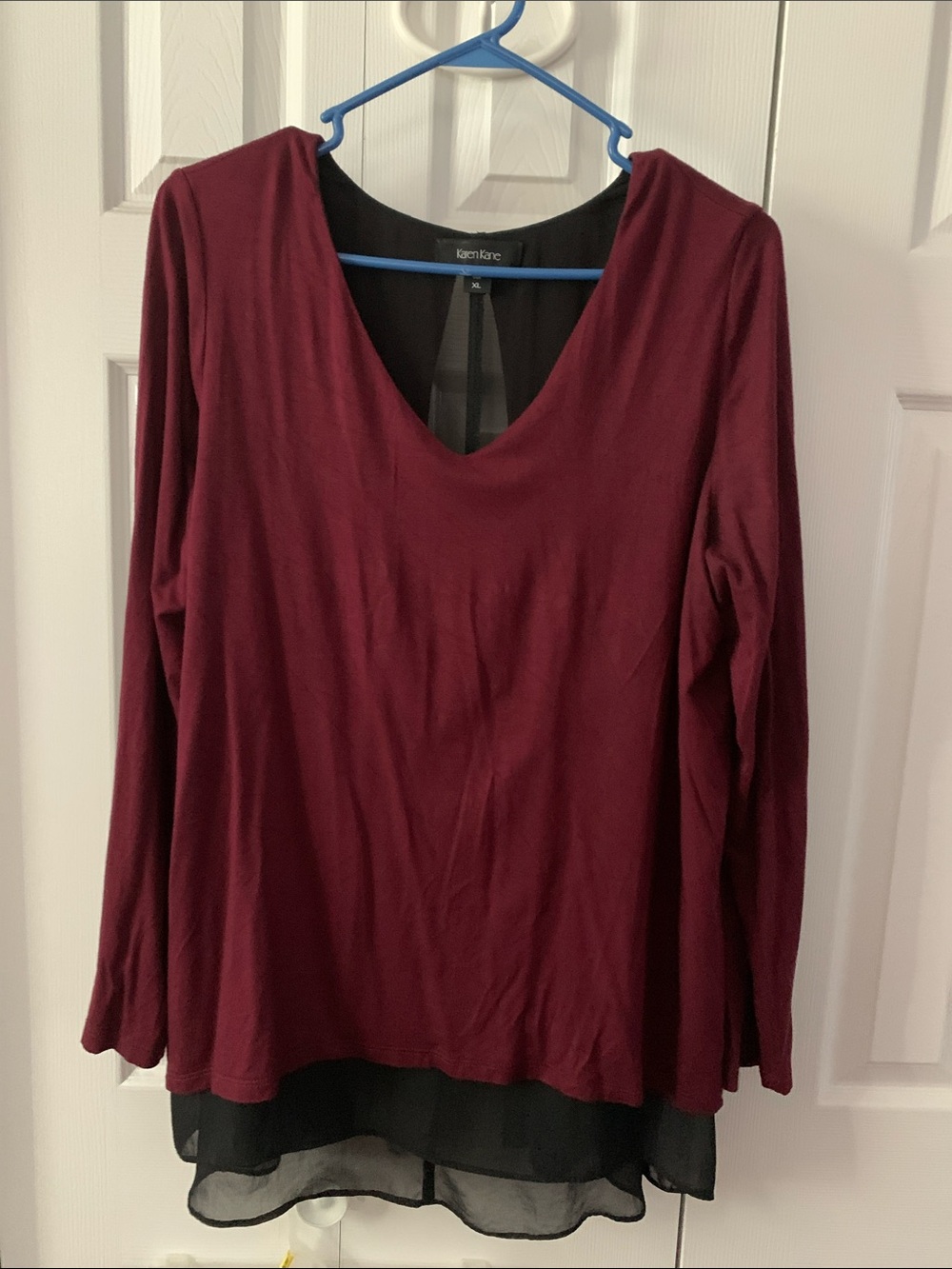 Karen Kane Burgundy Long-Sleeve V-Neck Tunic with Black Chiffon Hem